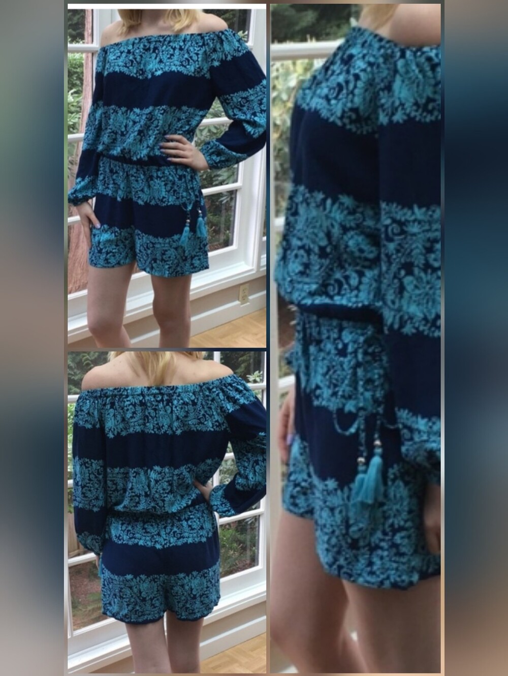 3 For $30😃 Spiaggia Dolce Peasant Style Off-The-Shoulder Floral Striped Romper